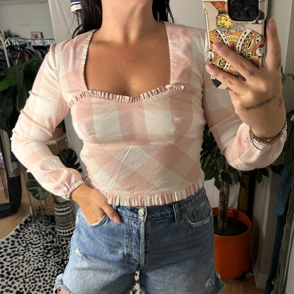 Intermix Pink Gingham Ruffled Sweetheart Neck Cropped Top Size 2